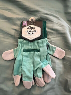 digz Leather Palm Gardening Gloves with Knit Wrist Green & Gray Medium NWT
